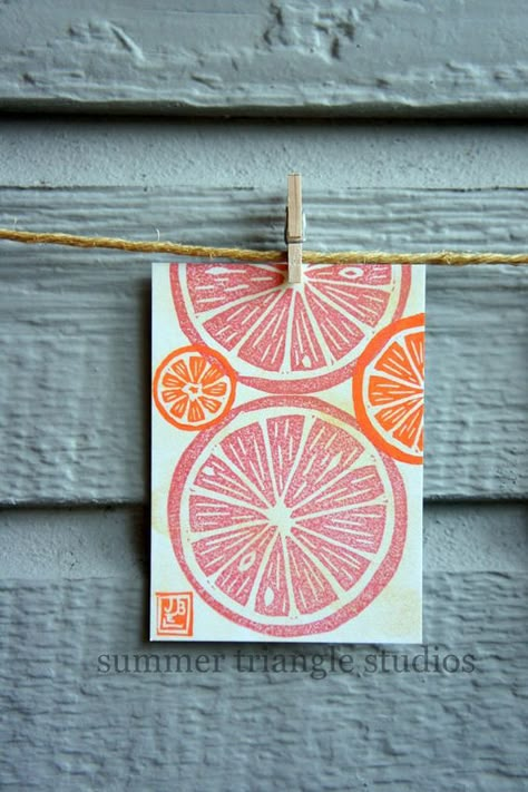 Linocut pink grapefruit slices - original print ACEO by Summer Triangle Studio @Etsy: Fruit Stamping, Grapefruit Slice, Summer Triangle, Fruit Prints, Fruit Art Print, Linoleum Print, Linocut Printmaking, Lino Art, Hand Carved Stamps