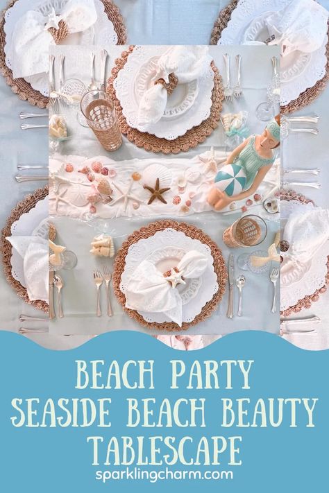 How To Set A Seaside Beach Bathing Beauty Tablescape! Bring coastal seaside elements into your home with pretty shells, sea glass greens, seagrass tans, sand, and vintage beach bathing beauty figurines. Wedding Beach Theme Tablescape! Perfect for a beach party! BONUS BEACH PARTY PLAYLIST + BEACH PARTY FAVORS FOR ADULTS #beachwedding #seasidetablescape #coastaltable #seashells #tablescapes #summertablescape #beachparty Elegant Beach Theme Party For Adults, Classy Beach Theme Party, Beach Tea Party, Pink Beach Party Decor, Vintage Beach Party Decor, Ocean Tea Party, Beach Theme Cocktail Party, Beach Party Ideas For Adults, Beach Party Set Up