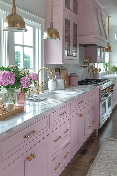 Black White And Pink Kitchen, Pink Black Kitchen, Kitchen Design Pink And White, Pink Modern Kitchen Design, Pink Quartz Countertops, Pink Aesthetic Kitchen, Kitchen Interior Pink, White And Pink Kitchen, Pink Home Aesthetic