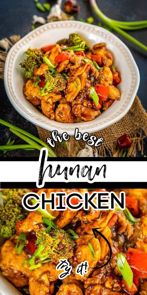 Make this hot and spicy, Hunan style chicken at home in under 30 minutes. It’s budget-friendly, loaded with colorful veggies and the spices can be adjusted to your taste. Hunan Chicken Recipe Chinese Food, Spicy Chicken Stew Recipe, Hunan Chicken Recipe, Recipes With Hoisin Sauce, Hunan Chicken, Chicken Peppers And Onions, Spicy Asian Chicken, Gf Meals, Hoisin Chicken