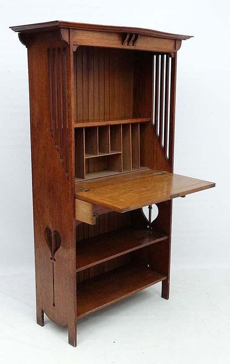 Lot - A c.1900 Art Nouveau student oak bureau bookcase with shaped top section, fall f Bureau Bookcase, Craftsman Furniture, Arts Crafts Style, Arts And Crafts Movement, Furniture Projects, Furniture Chair, Wood Furniture, Bookcase, Art Nouveau