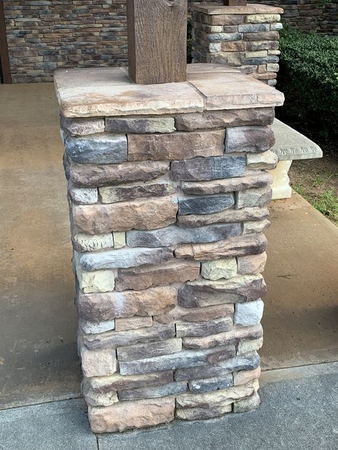 Rock Columns Front Porch, Front Yard Pillars Columns, Pillar Entryway, Stone Wrapped Porch Columns, Update Porch Columns, Stone Pillars Porch, Brick Pillars Porch, Front Porch Stone Columns, Stone Pillars Columns