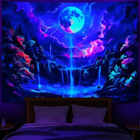 PRICES MAY VARY. High Quality Material- This Blacklight Moon Waterfall tapestry adopts advanced HD print with it's vivid colors, crisp lines. Made of premium quality polyester fiber. Lightweight, soft, durable, smooth and easy to care for. UV/Black Light Reactive- With special ink and advanced sublimation printing tech, the magic lunar lightning waterfall tapestry can glow gorgeously under blacklight or UV light in the dark. Under normal lighting, the color is also full and gorgeous, elevate you Glow In The Dark Bathroom, Waterfall In Bedroom, Indie Room Tapestry, Blacklight Bedroom, Moon Waterfall, Magic Waterfall, Black Light Room, Waterfall Forest, Fantasy Moon