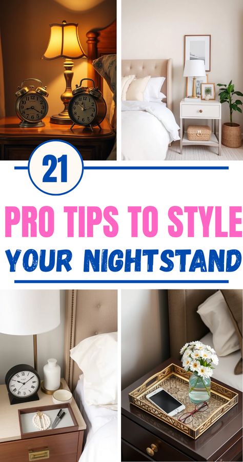 Visual guide showcasing 21 genius ways to style nightstands, featuring vintage elements, creative accessories, and functional items. The pin highlights how to blend style and practicality in bedroom decor using 4 distinct images. Bedroom Decor Inspirations, Cozy Bedroom Decor, Comfortable Bedding, Chic Bedroom Decor, Sleep Sanctuary, Bedroom Decor Inspiration, Bedroom Decor Cozy, Fun Accessories, Personal Aesthetic