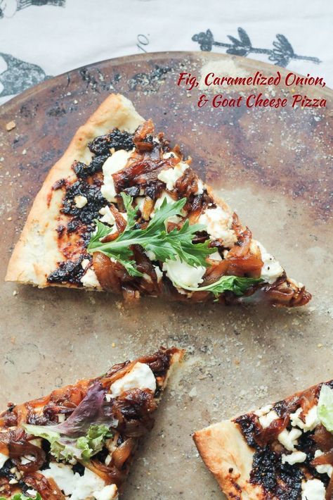 Fig, Caramelized Onion, and Goat Cheese Pizza Recipe - Looking for easy gourmet pizza recipes? This one is easy enough to make at home for a special meal or weeknight dinner. One of my favorite goat's cheese recipes. via @heatherlm4 Goat Cheese Pizza Recipes, Gourmet Pizza Recipes, Fig Pizza, Pizza Gourmet, Cheese Pizza Recipe, Onion Pizza, Goat Cheese Pizza, Goat Cheese Recipes, Gourmet Pizza