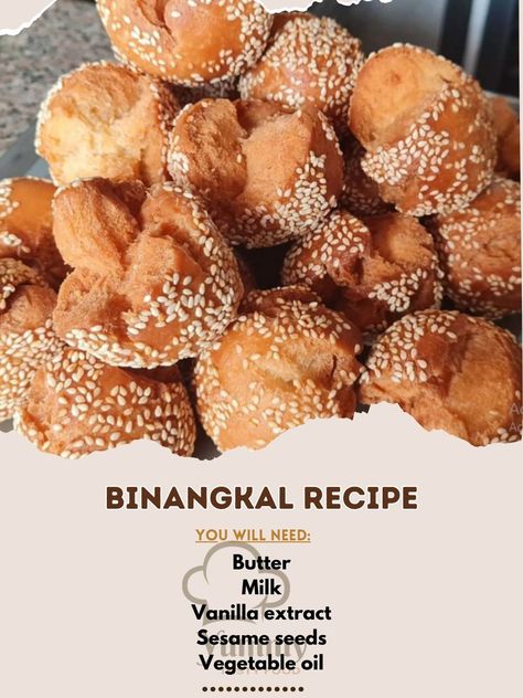 🍪🥥 Dive into the delightful crunch of Binangkal! A Filipino sesame treat perfect for snacking. #Binangkal #FilipinoDessert Binangkal Recipe Binangkal are deep-fried dough balls coated with sesame seeds, popular in the Philippines for their sweet, crunchy texture. Ingredients: All-purpose flour: 500g Baking powder: 10g Salt: 5g Sugar: 100g Butter, softened: 50g Milk: 120ml Vanilla extract: 5ml Sesame seeds: 100g Vegetable oil for frying Directions: Dry Ingredients: In a large bowl, mix fl... Binangkal Recipe, Filipino Desserts, Fried Dough, Dough Balls, Snack Time, Sesame Seeds, Large Bowl, Deep Fried, Yummy Recipes