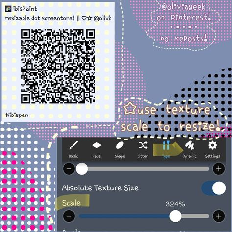 A QR code for an IbisPaint dot screentone brush. Surrounding the QR codeis white, light pink, and hot pink dots that were made with the brush. A screenshot is in the bottom right corner showing how to resize the dots. The text on the image says "use texture scale to resize!" and "@oliviageek on pinterest. no reposts!". Ibis Paint Brush Code Comic Dots, Dot Ibispaint Brush, Ibis Screentone Brush, Dot Screentone Brush Ibis, Screentone Brush Ibis, Ibis Paint Screentone Brush, Dots Brush Ibis Paint, Dot Brush Ibis Paint, Free Qr Code