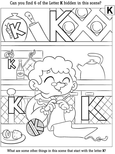 Seek & Find Coloring Page Welcome to Dover Publications Letter K Worksheet, Letter K Activities, Hidden Alphabet, Kindergarten Art Crafts, Preschool Rules, Hidden Letters, Abc Activities, Dover Publications, Eye Test