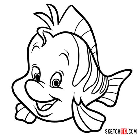 How to draw Flounder | The Little Mermaid - Step by step drawing tutorials Disney Characters Outline, Simple Cartoon Characters, Flounder Fish, Mermaid Gifs, Disney Sleeve Tattoos, Little Mermaid Characters, Drawing Characters, Pencil Sketchbook, Ariel And Flounder