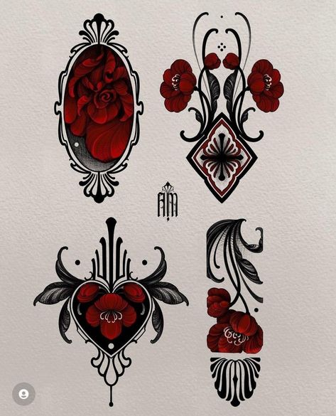 Art Nouveau Hand Tattoo, Red And Black Tattoos, Marble Tattoo, Tattoo Composition, Ornate Tattoo, Medium Tattoos, Art Nouveau Tattoo, Motifs Art Nouveau, Fun Tattoos