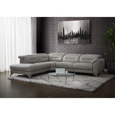 Orren Ellis Melin Leather Reclining Sectional Upholstery Color: Silver Gray, Orientation: Left Hand Facing Leather Reclining Sectional, Glam Living Room, Modern Sectional, Corner Sectional, Leather Sectional, Living Room Sectional, Modular Sectional, Reclining Sectional, Power Recliners