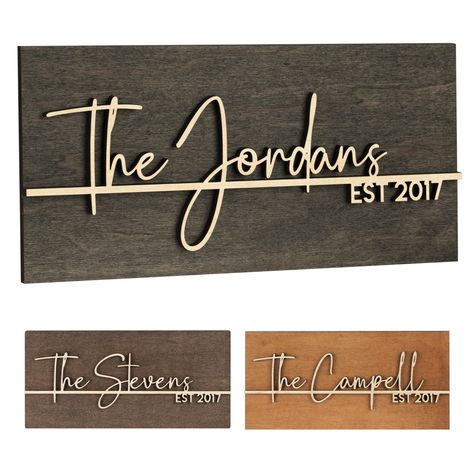 PRICES MAY VARY. Customizable Elegance: Add a personal touch to your home decor with our 3D wooden sign, featuring your family's last name and a significant date of your choice. Perfect for commemorating special occasions such as weddings, engagements, or housewarmings. A Palette of Choices: Choose from three sophisticated colors to match your style: classic black, rich walnut, or warm chestnut. Each hue is designed to complement your living space and create a welcoming atmosphere. Size to Fit Y Cheap Wedding Gifts, Last Name Wood Sign, Cnc Machine Projects, Couple Presents, Laser Engraved Gifts, Wood Wedding Signs, Personalized Wedding Sign, Family Name Sign, Last Name Signs