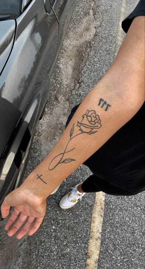 Rose With Numbers Tattoo, 3 Number Tattoo, Cross And Rose Tattoo, Womens Tattoos, Small Cross Tattoo, Number Tattoo, Number Tattoos, 3 Number, Cross Tattoo