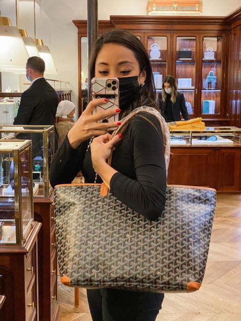 Me trying on the Artois MM Bag Goyard Bags Handbags, Goyard Print, Goyard Artois, Goyard Tote Bag, Goyard Tote, Louis Bag, Paris Store, Goyard Bag, Paris Shopping