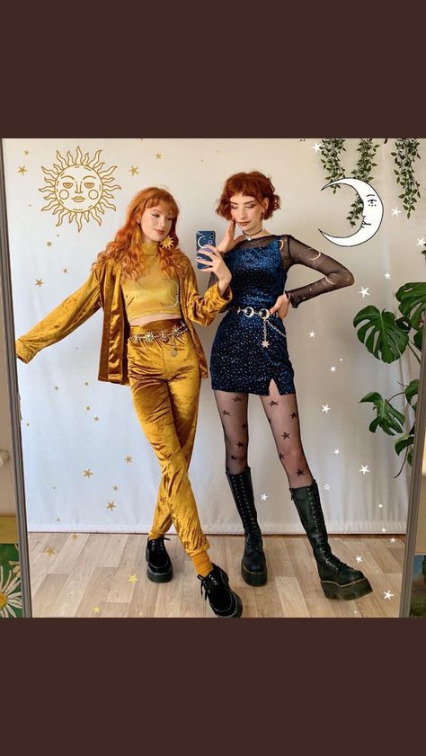 Matching Halloween Costumes Aesthetic, Opposites Costumes, 70s Festival Outfit, Sun Inspired Outfit, Saturn Outfit, Sun Outfits, Sun Outfit, Harajuku Grunge, Taylor Swift Tour Outfits