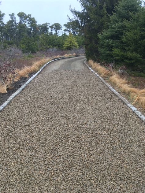 Rock Driveway Ideas, Landscape Gravel Driveway, Gravel Driveway Stone Edging, Belgium Block Driveway Edging, Ribbon Driveway Gravel, Driveway Edging Ideas, Cobblestone And Gravel Driveway, Gravel Driveway Edging, Front Garden Ideas Driveway