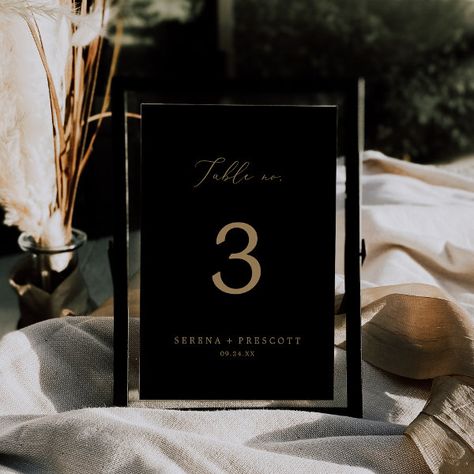 Delicate Gold Calligraphy | Black Table No. Table Number Wedding Table Black, Table Number Ideas, Yellow Typography, Romantic Minimalist, Romantic Bridal Shower, Gold Table Numbers, Wedding Invitation Background, Wedding Table Number Cards, Elegant Wedding Reception