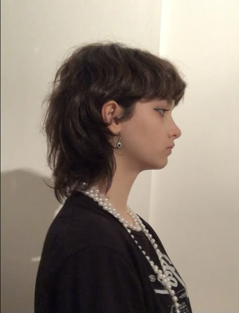 Almost Mullet Hair, Short Hair Curly Wolfcut, Mullet With Wispy Bangs, Styling Mullet Women, Long But Short Hair, Short Shaggy Mullet Women, Long Layered Mullet, Trans Femme Haircuts, Mullet Shaved Sides Woman