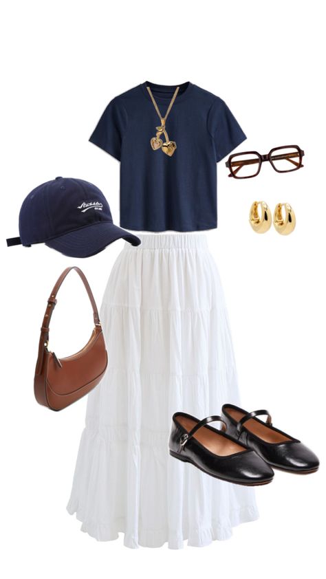 Aesthetic outfit venice girl inspo trendy white skirt blue tshirt Modest Semi Formal Outfits, Sunday Church Outfits Summer, Christian Outfits For Women Summer, Academic Summer Outfits, Semi Modest Outfits, Mass Outfits Catholic, Europe Tourist Outfit, El Salvador Outfits, Soft Color Outfits