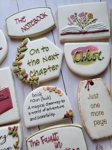 Library Bridal Shower Theme, Book Club Cookies Decorated, Book Sugar Cookies Decorated, Book Themed Sweet 16, Bookish Bridal Shower Ideas, Book Lover Bridal Shower Ideas, Book Themed Cookies, Bookish Bachelorette Party, Book Club Cookies