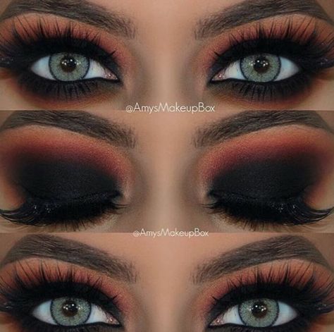 Eyeshadow goals! @amysmakeupbox  #eyeshadow #smokeyeye #eye #makeup Halloween Makeup Orange And Black, Friday The 13 Makeup Ideas, Black And Orange Smokey Eye, Orange And Black Witch Makeup, Orange Black Eye Makeup, Black And Orange Eye Makeup, Dark Halloween Eye Makeup, Dark Orange Eyeshadow Looks, Orange And Black Eye Makeup