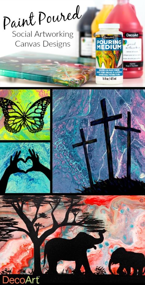 Paint Poured Design Variations - Social Artworking Two Canvas Paintings, Easter Sunrise, Sunrise Silhouette, Social Artworking, Love Butterfly, Butterfly Silhouette, Pouring Medium, Painting Parties, African Sunset