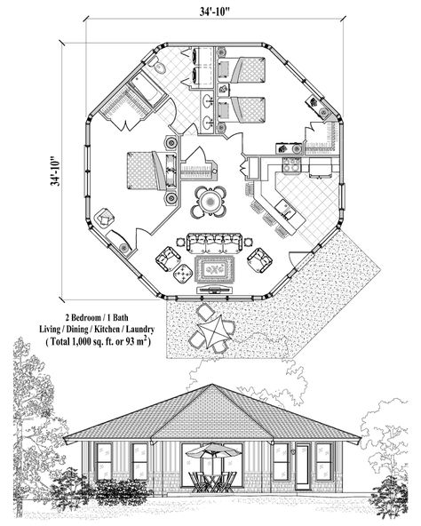 Online House Plan: 1000 sq. ft., 2 Bedrooms, 1 Baths, Patio Collection (PT-1121) by Topsider Homes. 800 Sq Ft House, Hexagon House, 1 Bedroom House Plans, Patio House, Round House Plans, Octagon House, Silo House, 1 Bedroom House, 1000 Sq Ft