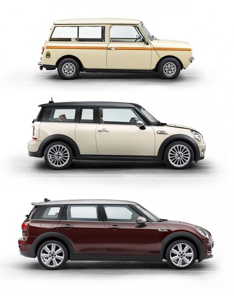 MINI Clubman - Design Evolution - Too bad they turned it into another boring 4 door bus Clubman Mini, Mini Clubman R55, Cars Poster, Mini Morris, Car Side View, Austin Seven, Mini Cooper Clubman, British Motors, Mini Coopers