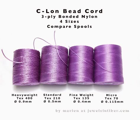 C-Lon Bead Cord - Best visual comparison that I have found.  Most online shopping sources do not offer a good explanation between sizes.  Need mm size of cord for projects. The mystery is solved here. Kumihimo Tutorial, Kumihimo Braiding, Kumihimo Jewelry, Kumihimo Patterns, Bead Tips, Crochet Cord, Beading Cord, Bead Sizes, Fiber Artist