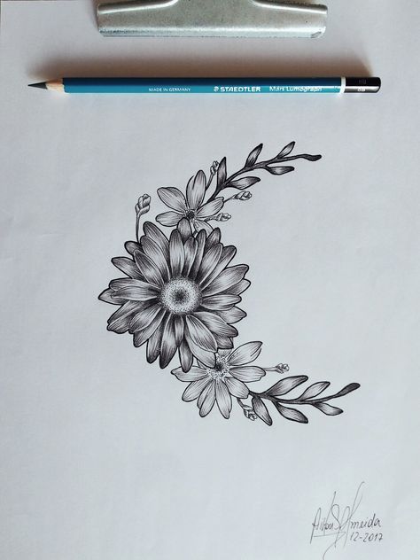 FLORAL MOON Moon Daisy Tattoo, Half Moon Flower Tattoo, Daisy And Moon Tattoo, Daisy Moon Tattoo, Moon And Flowers Tattoo Design, Moon And Sunflower Tattoo, Sunflower Moon Tattoo, Sunflower And Moon Tattoo, Floral Moon Tattoo