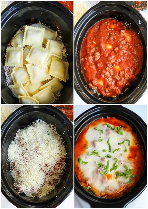 This easy 4-Ingredient Crock Pot Ravioli Lasagna recipe comes together in 10 minutes and only takes 3 hours in the slow cooker. Made with frozen ravioli, jarred pasta sauce, ground hamburger, and mozzarella cheese - this is truly a lazy day lasagna! Crockpot Ravioli Lasagna Crock Pot, Crockpot Pasta Recipes No Meat, Crock Pot Ravioli Lasagna, Crockpot Lasagna With Ravioli, Crock Pot Ravioli, Lazy Day Lasagna, Ravioli Lasagna Recipe, Crockpot Ravioli, Lasagna Easy