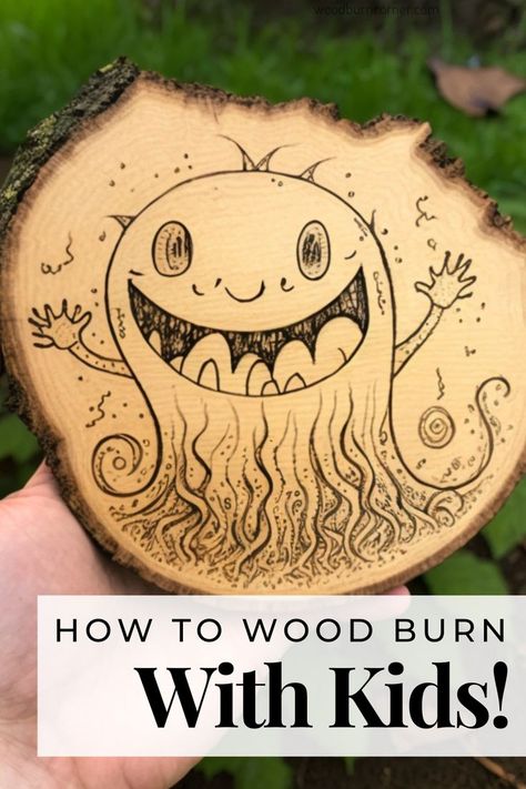 a wood slice with a monster wood burned onto the surface. Wood Burning Tutorial, Kids Project Ideas, Wood Burned Art, Wood Burned Gifts, Craft Project Ideas, Pyrography Designs, Wood Burning Pen, Wood Art Diy, Woodburning Projects