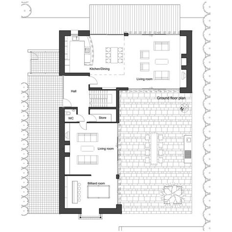 L-shape house plan by architect Frank McGahon... L Shaped House Plans, L Shaped House, Small House Layout, Pool House Plans, European House Plan, Casa Country, Architectural Floor Plans, House Construction Plan, House Layout Plans