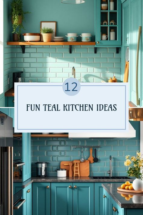 Teal Kitchen Inspiration, Teal Subway Tile, Teal Kitchen Ideas, Teal Kitchens, Teal Plates, Teal Kitchen Cabinets, Dining Room Teal, Teal Cabinets, Trendy Kitchen Design