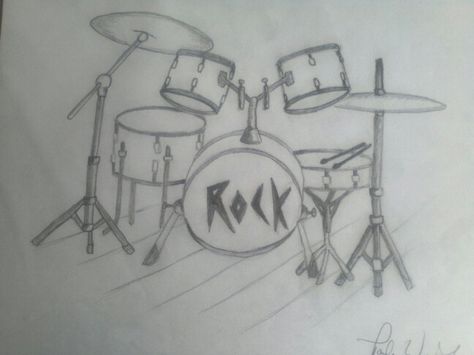 Drum set drawing done by Paula Wroblinski How To Draw A Drum Set, How To Draw Drums, Drum Drawing Easy, Drums Sketch, Drum Set Drawing, Drummer Drawing, Drums Drawing, Drum Drawing, Easy Sketches For Beginners