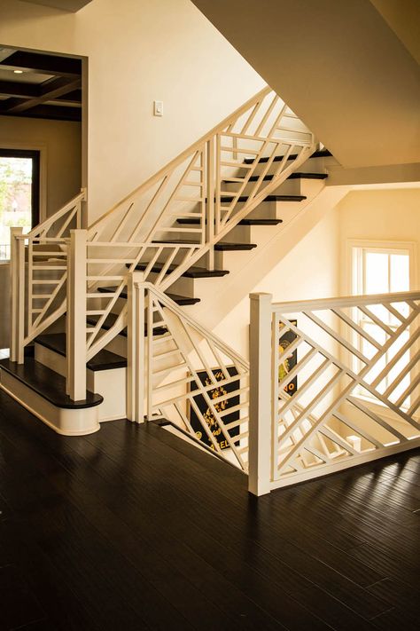 Beautiful straight staircase with a unique wooden baluster system. To learn more about wooden baluster design, check out our blog: http://artisticstairs-us.com/the-basics-of-wooden-baluster-design/ Modern Railing, Modern Stair Railing, Basement House Plans, Building Stairs, Balcony Railing Design, Stair Railing Design, Best Modern House Design, Stairs Design Modern, Oversized Windows