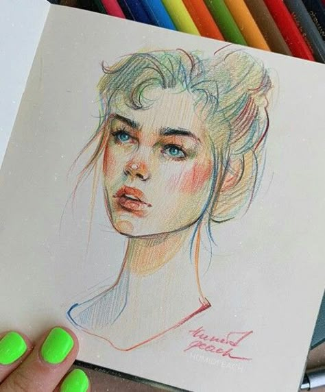 Colored Pencil Sketches, Humid Peach, Fast Sketch, Color Pencil Illustration, Portraits Art, Arte Sketchbook, Arte Inspo, Art Drawings Sketches Creative, Pencil Art Drawings