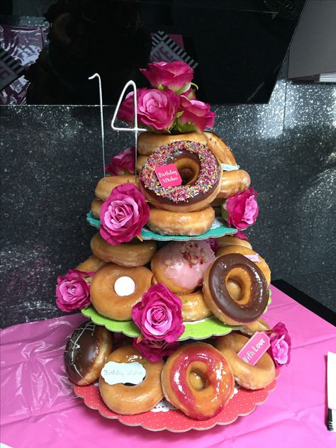 Krispy Kreme birthday cake Krispy Kreme Cake Birthday, Doughnut Birthday Cake Ideas, Donut Cake Tower, Krispy Kreme Donut Cake, Krispy Kreme Cake, Krispy Kreme Birthday, Cake Tower, Donut Decorations, Birthday Donuts