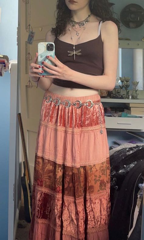 vintage brown cami top, orange hippie skirt, whimsigoth moon belt, silver jewellery Whimsigoth Mini Skirt, Whimsigoth Tops, Whimsigoth Moon, Brown Cami Top, Hippie Outfit Inspo, Moon Belt, Hippie Core, Brown Cami, Silly Clothes