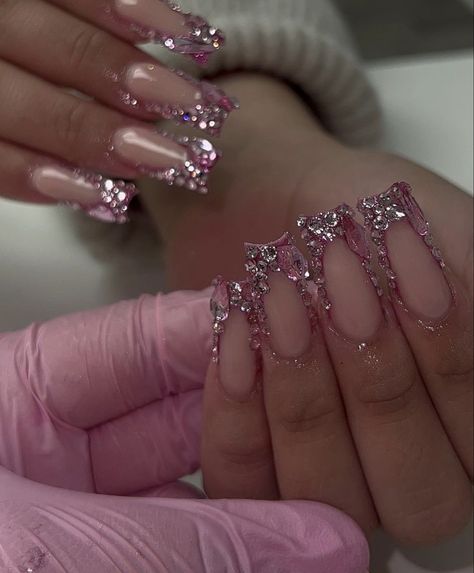 Blinged Short Nails, Pink Diamond French Tip Nails, Nail Birthday Design, Pixie Diamond Nails, Pink Gemstone Nails, Silver Glitter Nail Art, 20th Birthday Nails Acrylic, Acrylic Nail Freestyle, Medium Bling Nails