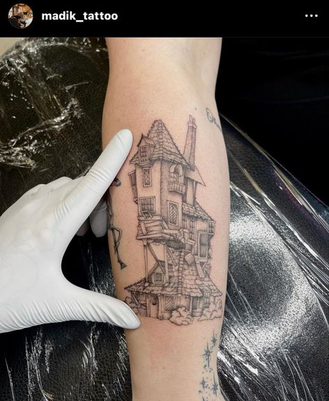 The Burrow Harry Potter Tattoo, Weasley Burrow Tattoo, Weasley Twin Tattoos, Weasley House Tattoo, George Weasley Tattoo, Harry Potter Train Tattoo, Obscure Harry Potter Tattoos, Harry Potter Sleeves, Harry Potter House Tattoos