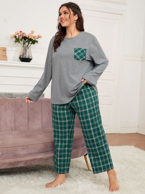 Free Returns ✓ Free Shipping On Orders $49+ ✓. SHEIN Plus Pocket Patched Top & Plaid Print Pants PJ Set- Plus Size Pajama Sets at SHEIN. Plus Size Lounge Wear Outfit, Zara Models, Plaid Pant, Patch Top, Cute Sleepwear, Plus Size Pajamas, Causal Outfits, Night Suit, Illustration Fashion Design