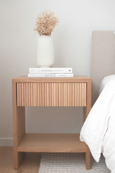 Beautiful natural light showcasing the features in the Alice range. Locally designed and made - supporting other small business in our goal to create and make beautiful furniture in Australia. Product I Alice Bedside Table / Natural Image + Styling I @the.placewecall.home Minimalist Bedroom Bedside Table, Trendy Bedside Table, Bedside Table Light Wood, Simple Wood Bedside Table, Light Wood Bedside Table, Wooden Bedside Table Ideas, Wood Slat Bed Side Table, Light Wood Furniture, Wood Side Table Bedroom