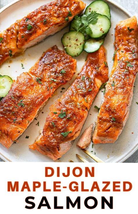 Maple Glaze For Salmon, Salmon Fall Recipes, Fall Salmon Recipes, Thanksgiving Salmon, Dijon Mustard Salmon, Maple Dijon Salmon, Maple Salmon Recipes, Salmon Marinade Recipes, Maple Syrup Salmon