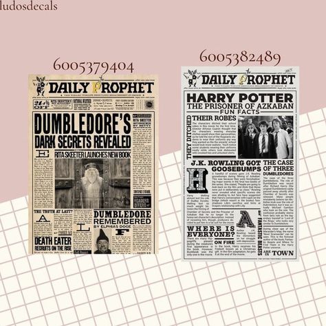 credits to: ludosdecals on insta :) Roblox Id Codes For Pictures Harry Potter, Bloxburg Poster Id Codes, Harry Potter Berry Avenue Codes, Bloxburg Door Number Codes, Bloc Burg Decal Codes, Bloxburg Pad Decals Codes, Old Paintings Bloxburg Codes, Movie Room Decals Bloxburg, Advertisement Decals Bloxburg