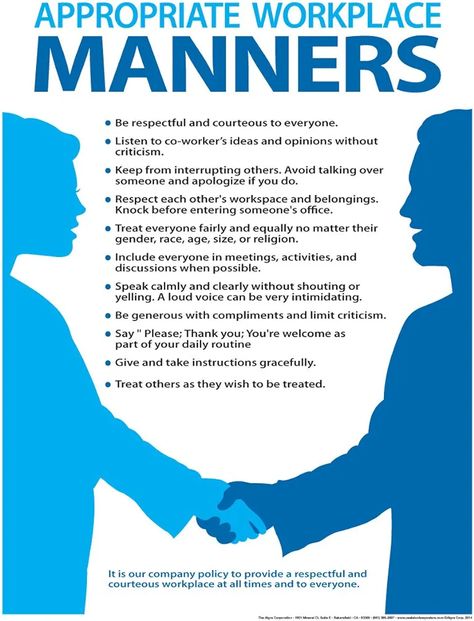 PRICES MAY VARY. Workplace Manners Poster 18" x 24" Full Color Poster Laminated front and back The appropriate Workplace Manners Poster promotes the proper conduct necessary for any healthy workplace environment. In essence, this poster reinforces the message of treating everyone with respect, dignity, and courtesy. Appropriate manners and acceptable behavior increases productivity; and creates a healthy attitude while at work. Good Leadership Skills, Healthy Workplace, Color Poster, Etiquette And Manners, Increase Productivity, Leadership Skills, Manners, Leadership, Essence