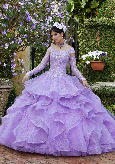 Flounced Lace and Crystal Beaded Quinceañera Dress Purple Quinceañera Dresses, Light Purple Quinceanera Dresses, Mori Lee Quinceanera Dresses, Quinceañera Dresses, Purple Quinceanera Dresses, Pretty Quinceanera Dresses, Dresses Princess, Detachable Sleeves, Princess Ball Gowns