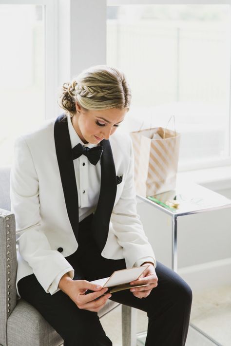 Lesbian Wedding St. Augustine, FL by Stephanie W. Photography Wedding Tux Women, Lesbian Groom Attire, Lesbian Stud Wedding Attire, Lesbian In Suit Wedding, Masc Lesbian Beach Wedding Outfit, White Tuxedo Wedding Women, Lesbian Updo, Women In Tuxedos Wedding, Masc Lesbian Wedding Hair