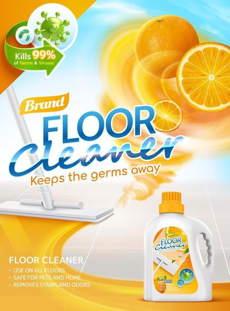 Floor cleaner ads, orange scent liquid with fruit twister elements, and mop cleaning floor in 3d illustration Floor Cleaner Liquid, Floor Cleaner Label Design, Floor Cleaner Packaging Design, Cleaning Poster, Texture Packaging, Cleaning Ads, Cleaning Products Design, Soap Label Design, Liquid Soup