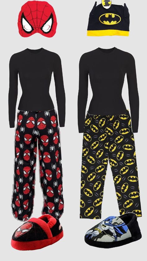 Batman And Spiderman Halloween Costume, Spider Man And Batman Costume, Spiderman Pjs, Batman Pjs, Batman Pajama Pants, Batman And Spiderman, Bff Outfits Matching, Spiderman Halloween Costume, Cute Matching Outfits